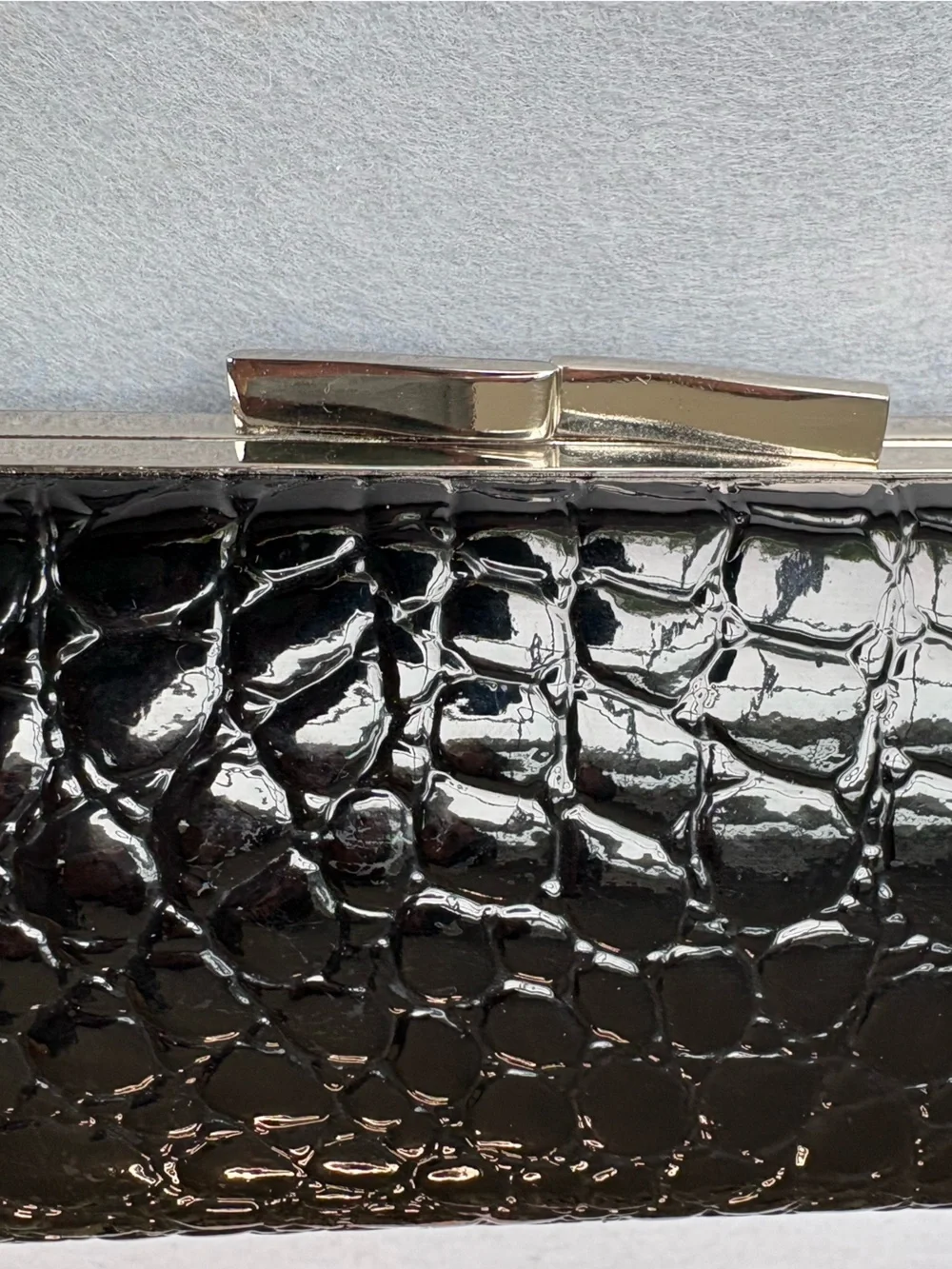 La Regale Black Patent Croc-Embossed Chain Optional Strap Clutch Evening Bag